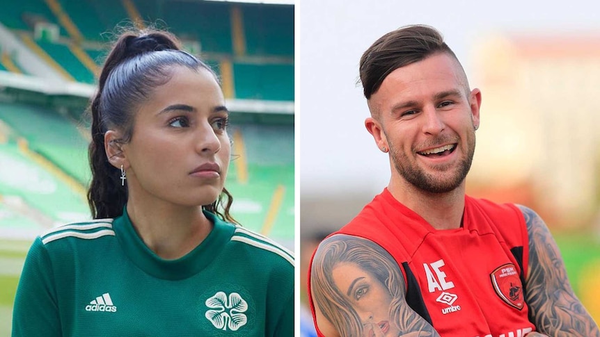 A composite image of a woman footballer on the left and a male footballer on the right