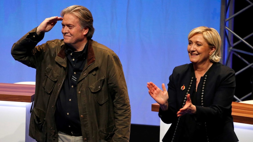 National Front leader Marine Le Pen with former White House chief strategist Steve Bannon.