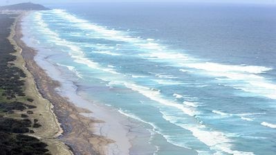 A huge oil slick blackens the sand of pristine beach near Cape Moreton on Moreton Island.