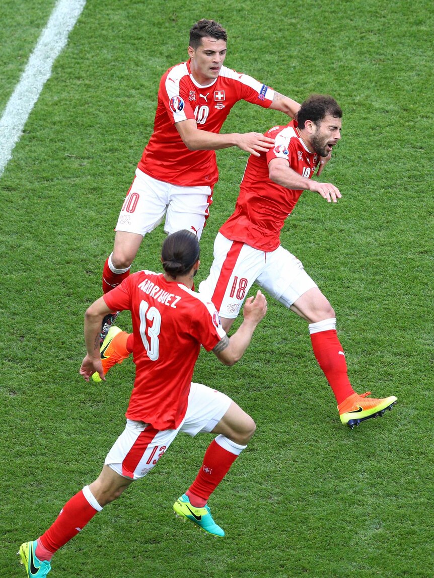 Admir Mehmedi celebrates goal against Romania