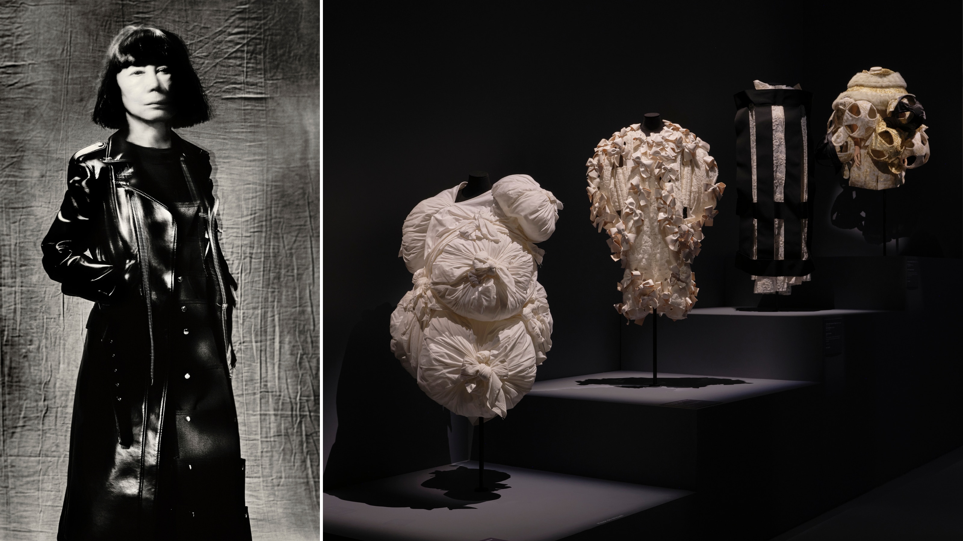 Imagen compuesta de vestidos amorfos en blanco y negro con adiciones bulbosas y un retrato de Kawakubo con una gabardina negra.
