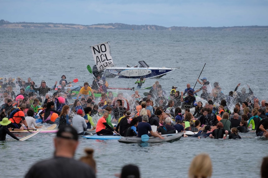People floating on boards and devices in water with signs saying 'No AGL'.