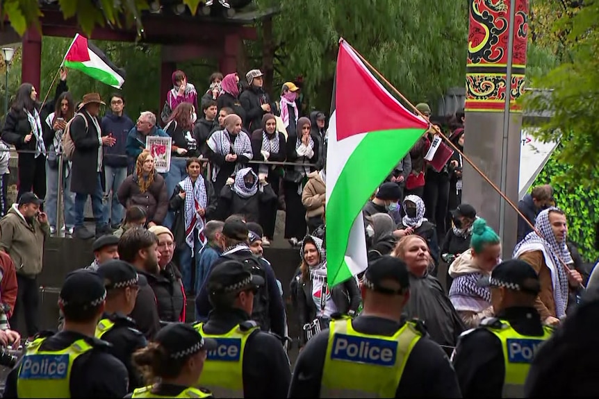 A large crowd waving Palestinian flags standing behind a line of police officers.
