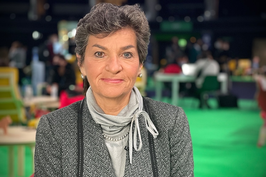 A woman with short hair and wearing grey poses for the camera.