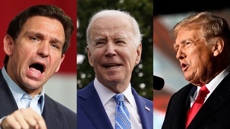 A composite image showing Florida Governor Ron DeSantis, US President Joe Biden, and former president Donald Trump.