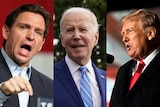 A composite image showing Florida Governor Ron DeSantis, US President Joe Biden, and former president Donald Trump.