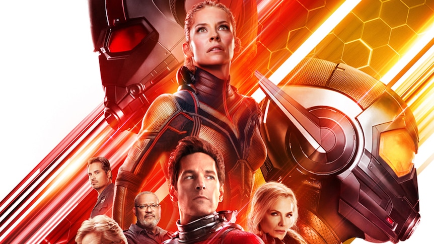 poster from the movie ant man and the wasp. a woman, and 5 people standing underneath