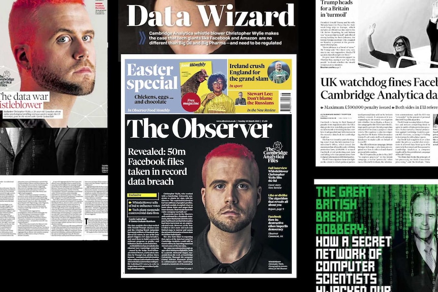 A montage of newspaper headlines after Christopher Wylie exposed data manipulation