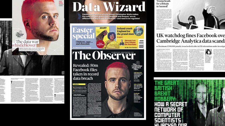 A montage of newspaper headlines after Christopher Wylie exposed data manipulation
