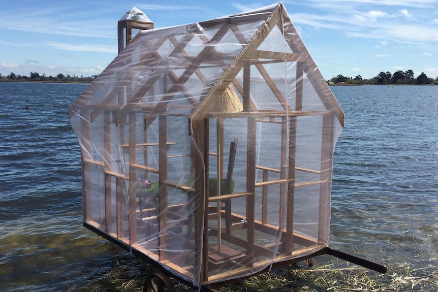 A house floating on Lake Wendouree in Ballarat by artist Sally Kidall.