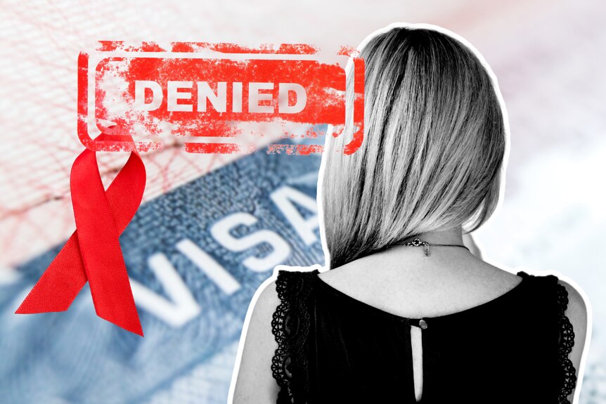 A graphic showing an unidentified woman, an HIV ribbon, a visa form and stamp that says 'denied'