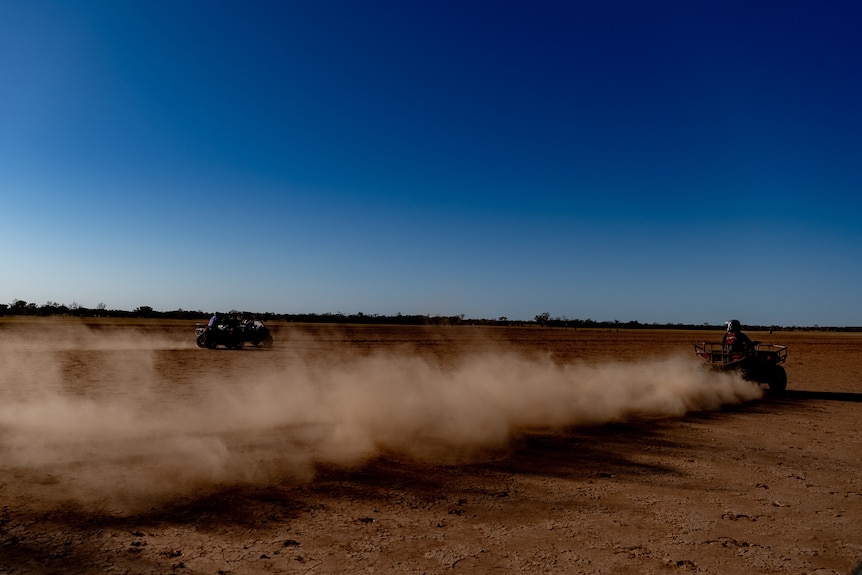 Two quad bikes ride across a dry paddock, with clouds of dust trailing behind them.