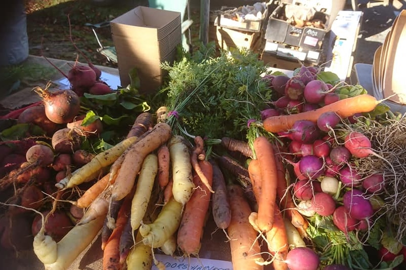 A bundle of local produce at a farmers market