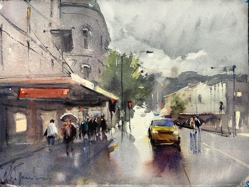 Painted picture of people and cars on a wet city street.