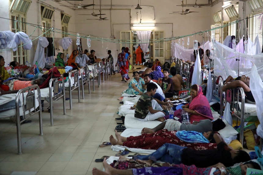 Dengue infected patients lay several to a beds at a hospital.