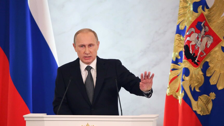 Russian president Vladimir Putin addresses parliament