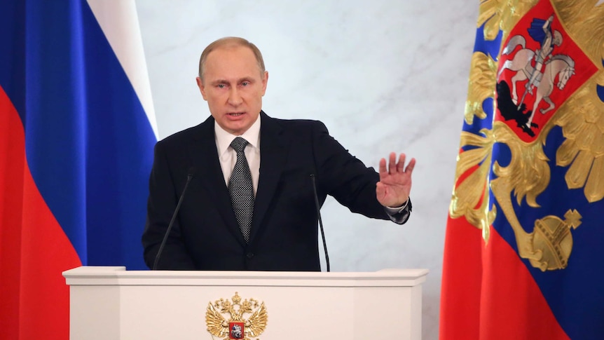 Russian president Vladimir Putin addresses parliament