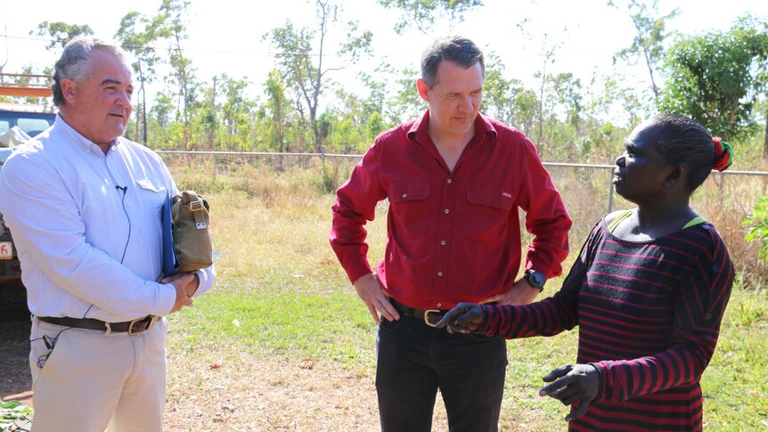 Rose Wurrguwurrgu speaking with Gerry McCarthy and Michael Gunner in Ramingining