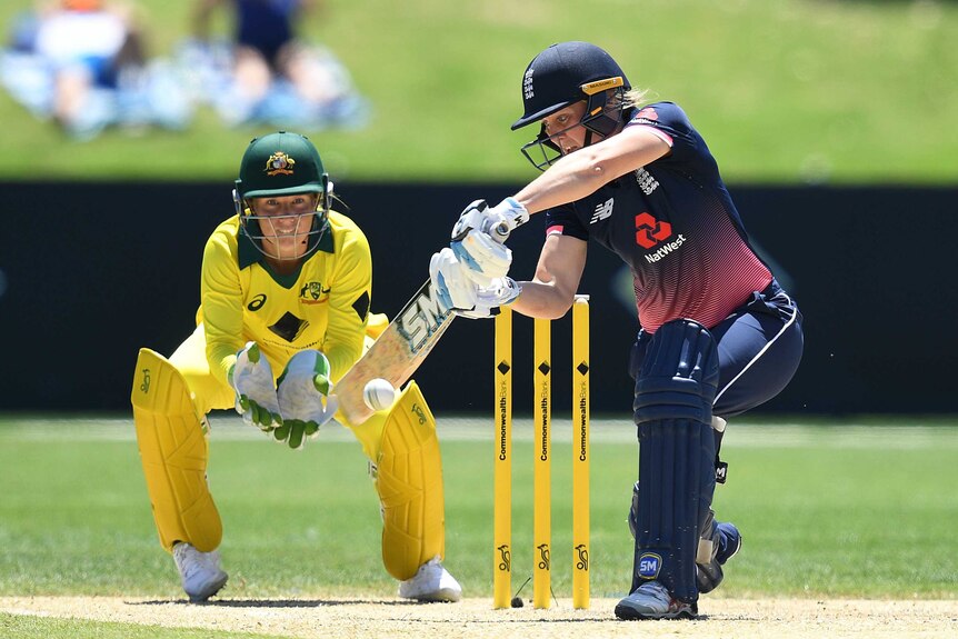 Heather Knight drives against Australia