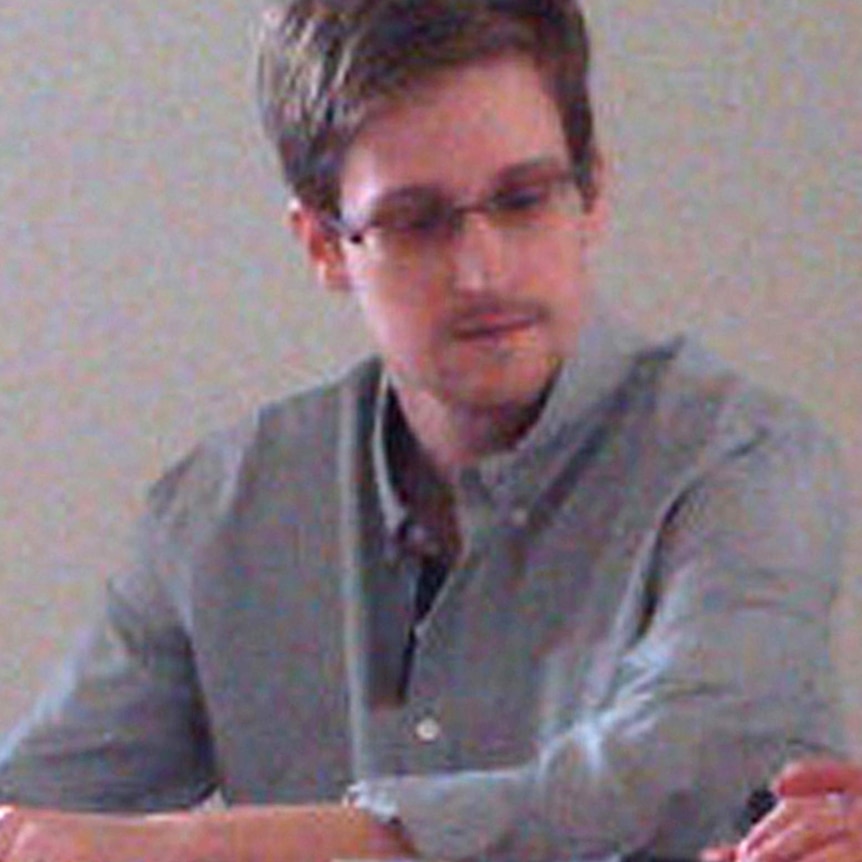Fugitive leaker Edward Snowden during a meeting with rights activists at Moscow's Sheremetyevo airport.