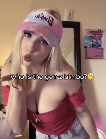 A blonde woman with lots of makeup in a Barbie cap blows a kiss and text across her says who is the gen z bimbo?