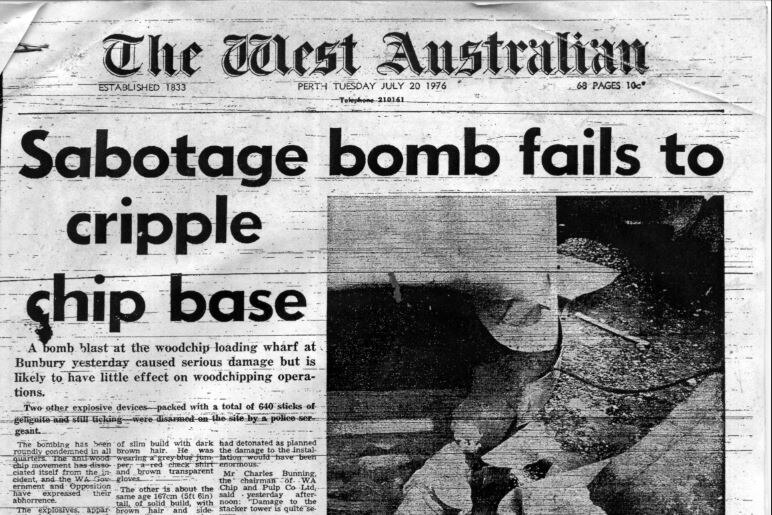 Front page of The West Australian says 'Sabotage bomb fails to cripple chip base'