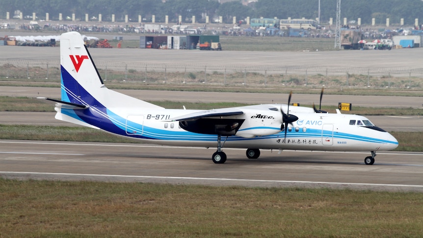 A Chinese-made Modern Ark 600 (MA600) turboprop lands after a demo flight.