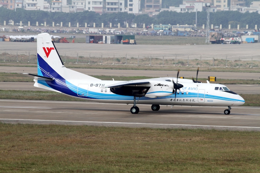 A Chinese-made Modern Ark 600 (MA600) turboprop lands after a demo flight.