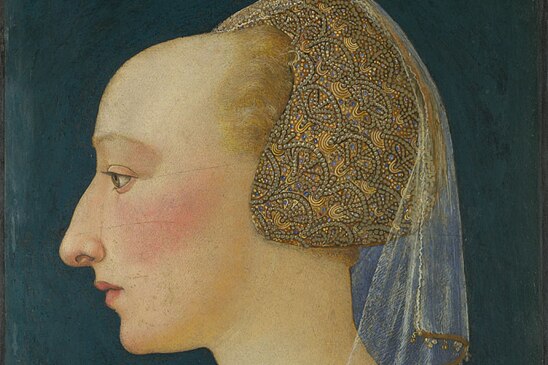 Side profile portrait of a woman with a high forehead from the 1400s.