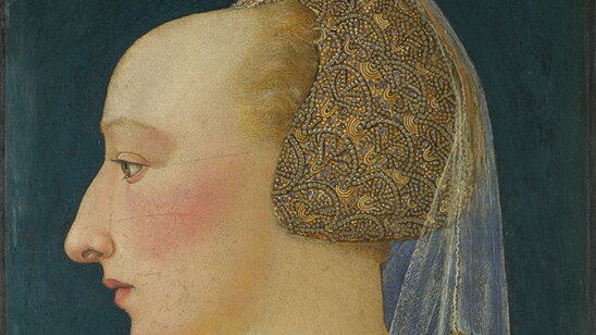 Side profile portrait of a woman with a high forehead from the 1400s.