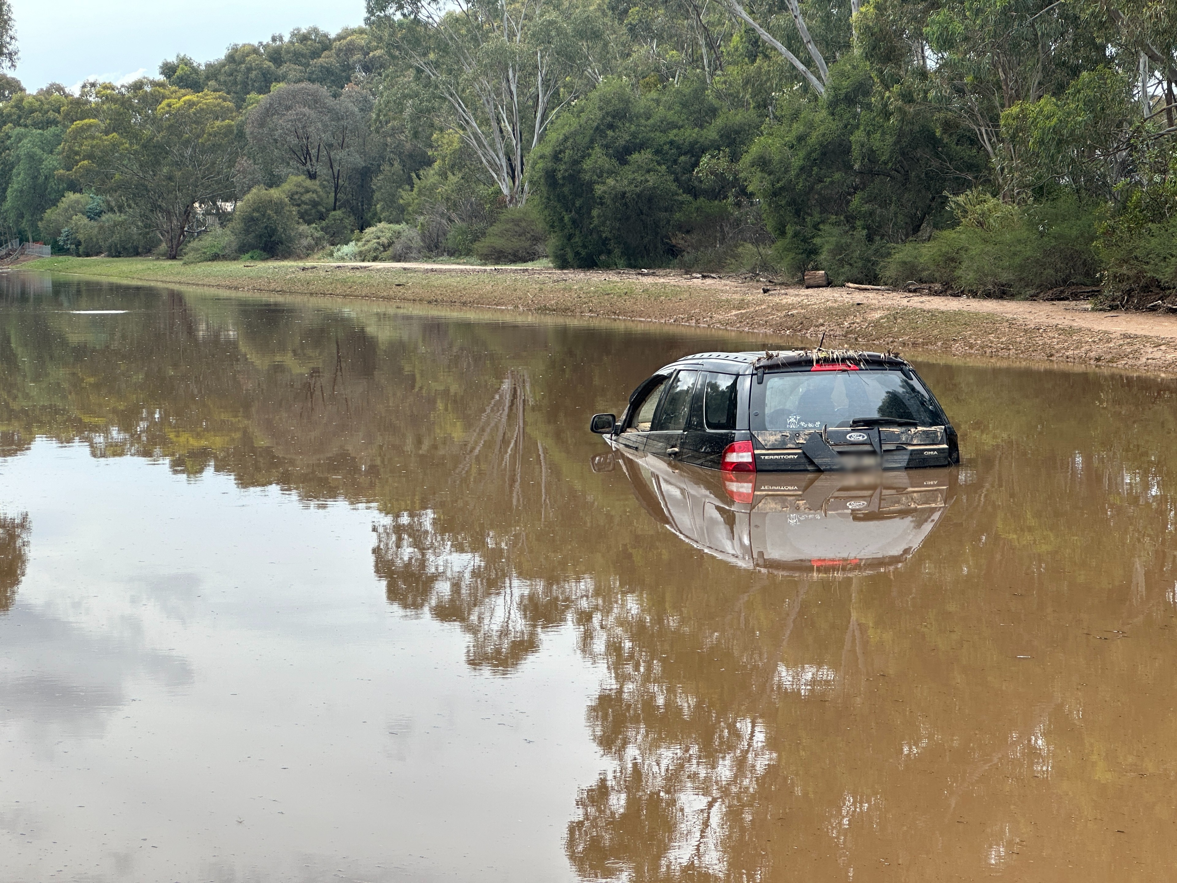 A black Ford Territory half submerged in a creek.