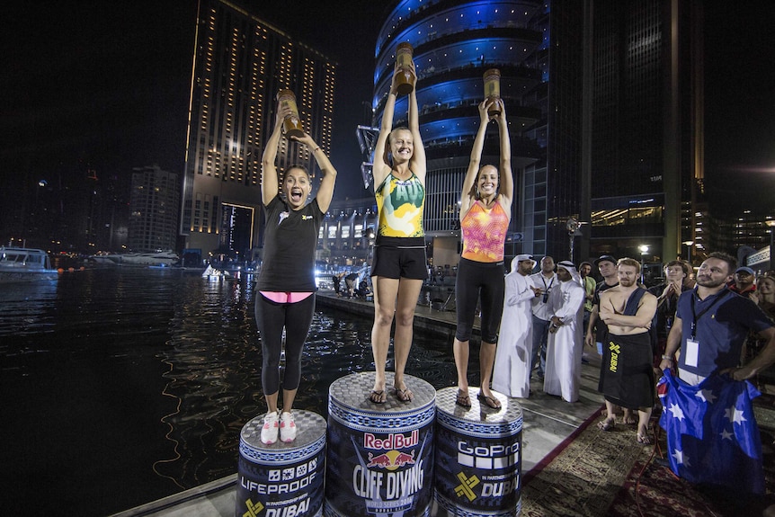 Podium of cliff diving world series in Dubai