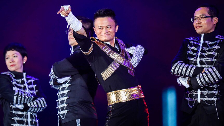 Jack Ma dresses as Michael Jackson as he performs on stage.