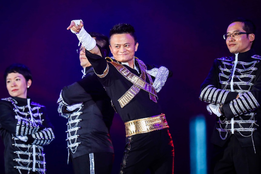 Jack Ma dresses as Michael Jackson as he performs on stage.