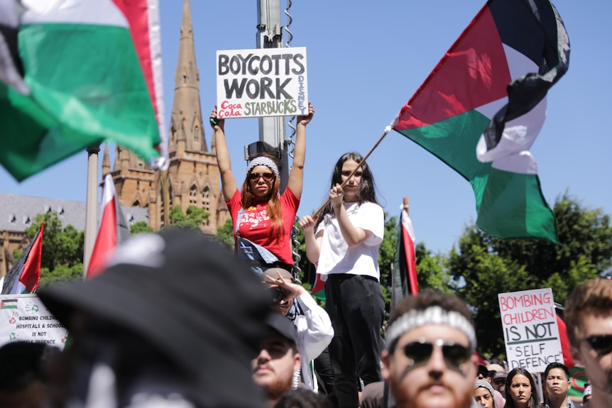 Two women at pro-Palestine rally, one holding 'Boycotts work' sign, the other holding the Palestinian flag.
