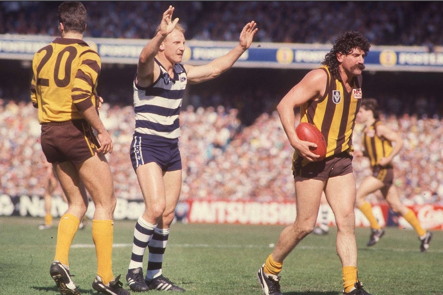 A football player puts both hands up while on the field at the MCG.