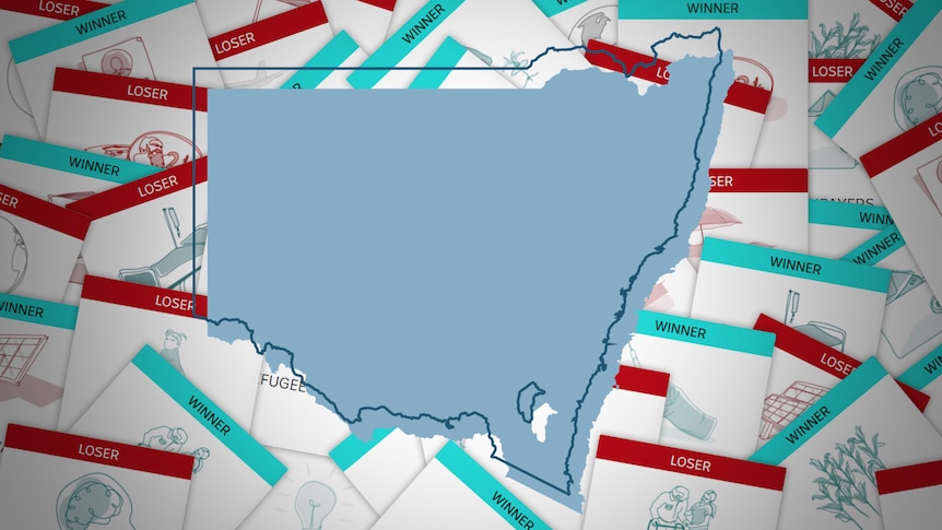 A graphic of the state of NSW and winners and loser cards.