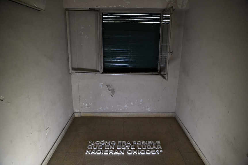 Photo of a room formerly a detention centre in ESMA in Argentina.