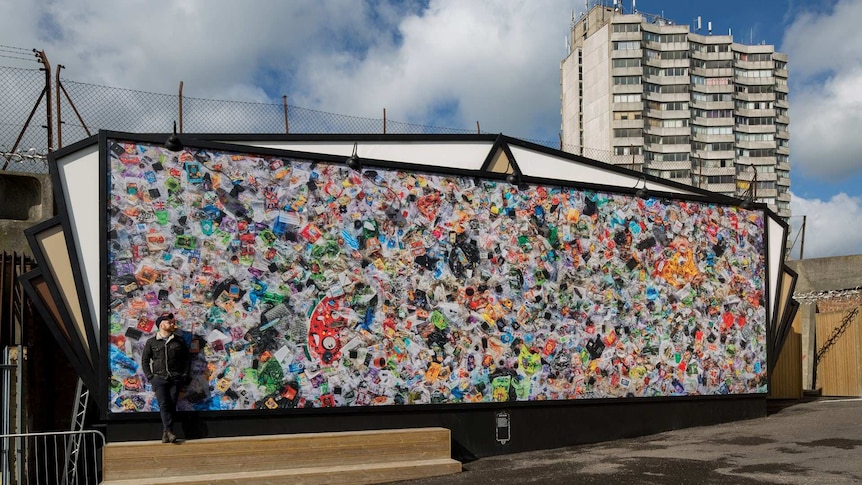 Daniel Webb stands beside his installation 'Everyday Plastic'