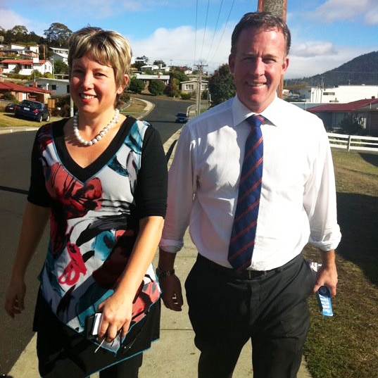 Vanessa Goodwin and Will Hodgman doorknocking in Hobart.