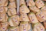 A pile of flat Donald Trump rubber masks.