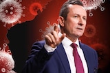 Mark McGowan gesticulating in front of a covid virus background