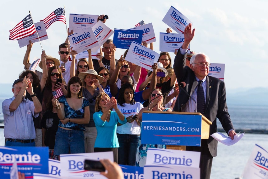 Bernie Sanders campaigns by the shores of Lake Champlain in Burlington, Vermont, May 2015.
