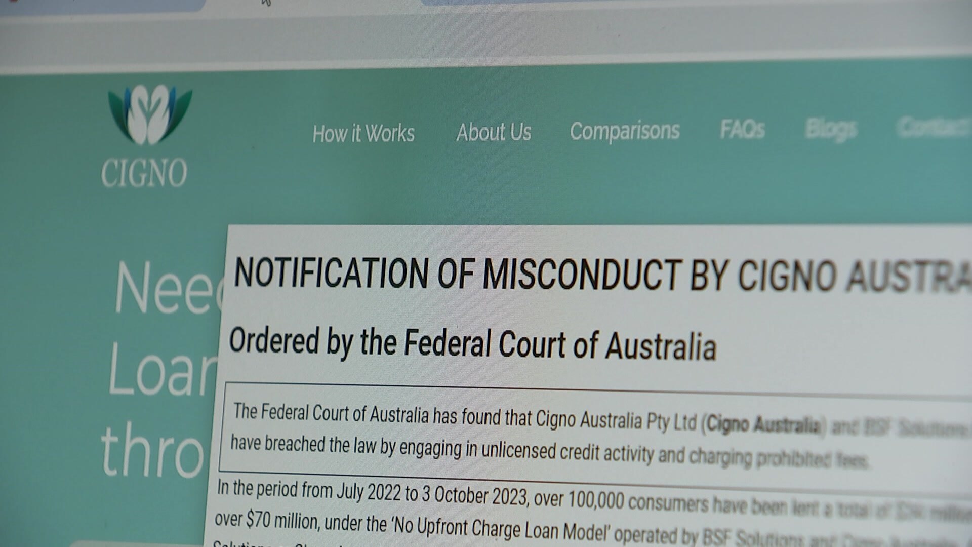 A website shows a notification of misconduct ordered by the Federal Court of Australia.