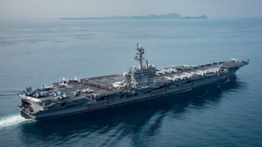 The aircraft carrier USS Carl Vinson (CVN 70) transits the Sunda Strait