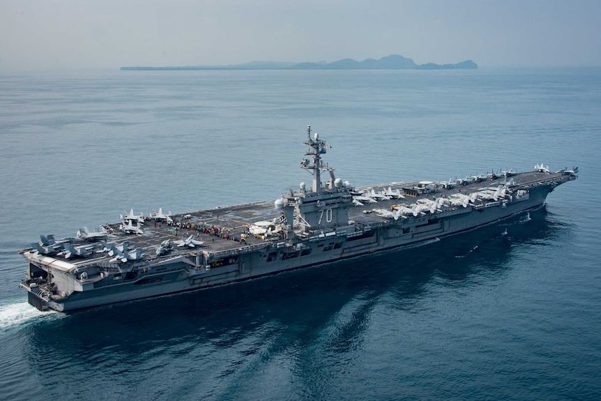 The aircraft carrier USS Carl Vinson (CVN 70) transits the Sunda Strait