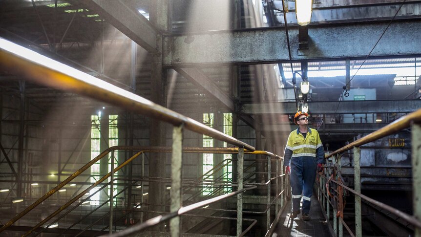 Mark Lang walks among shafts of light in the raw coal bunker at Hazelwood.