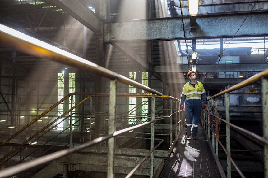 Mark Lang walks among shafts of light in the raw coal bunker at Hazelwood.