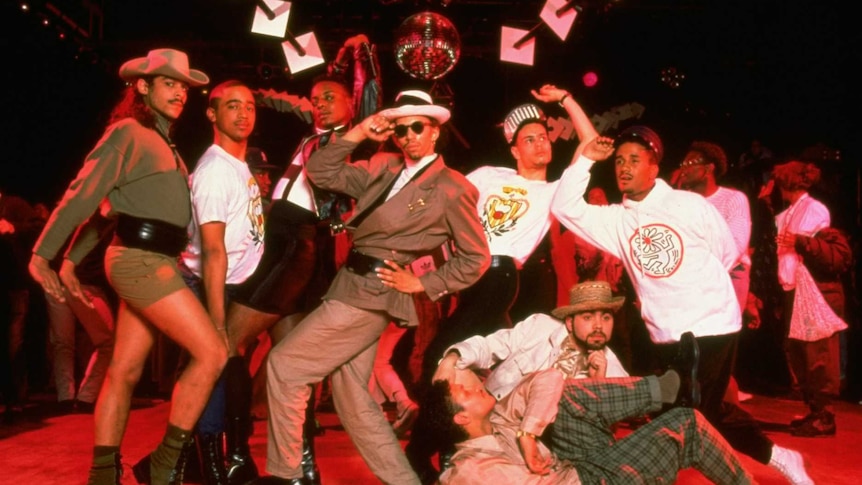 Members of voguing group, House of Extravaganza, posing at a nightclub.