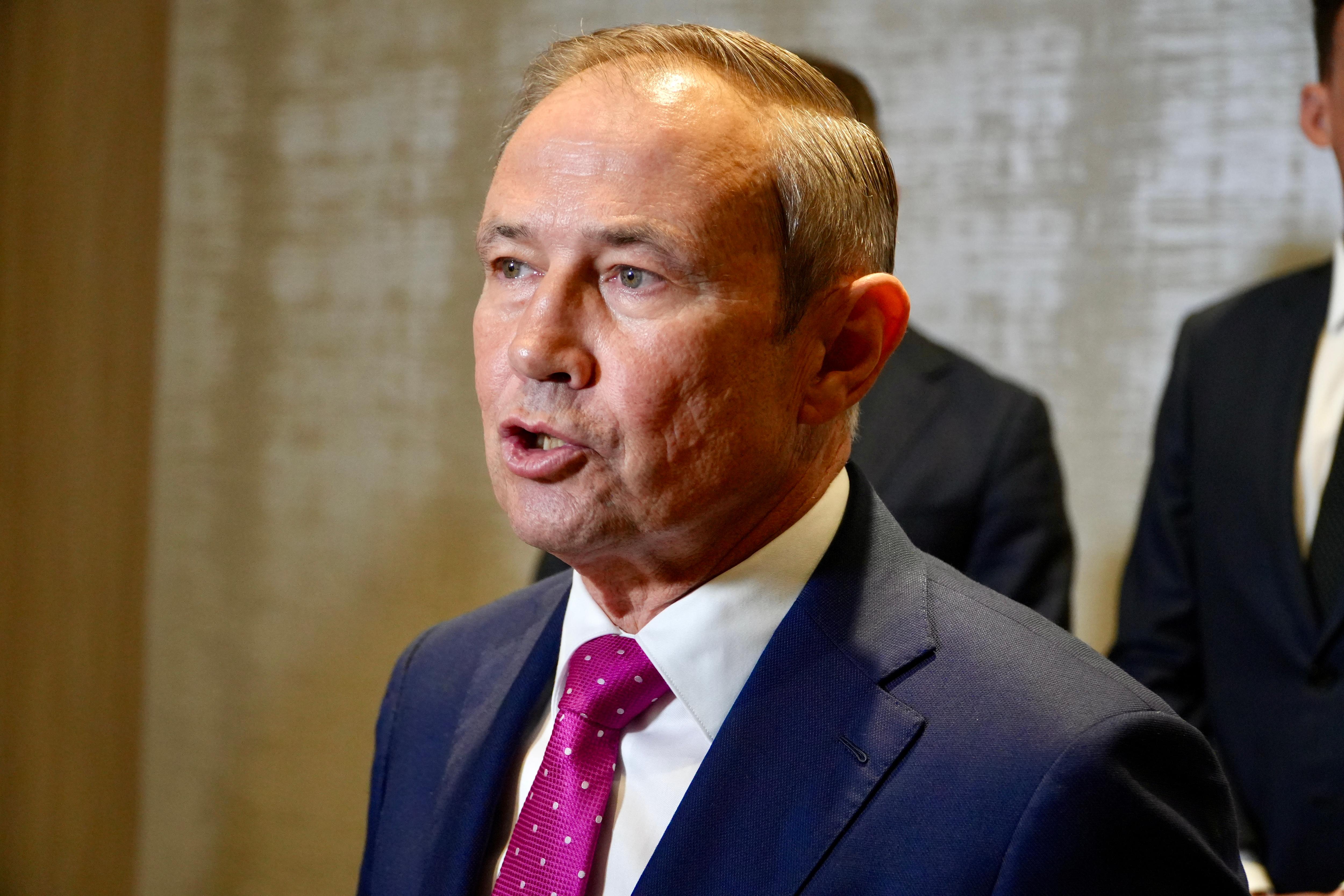 A head and shoulders shot of Roger Cook speaking to the media wearing a dark suit, shite shirt and pink tie.